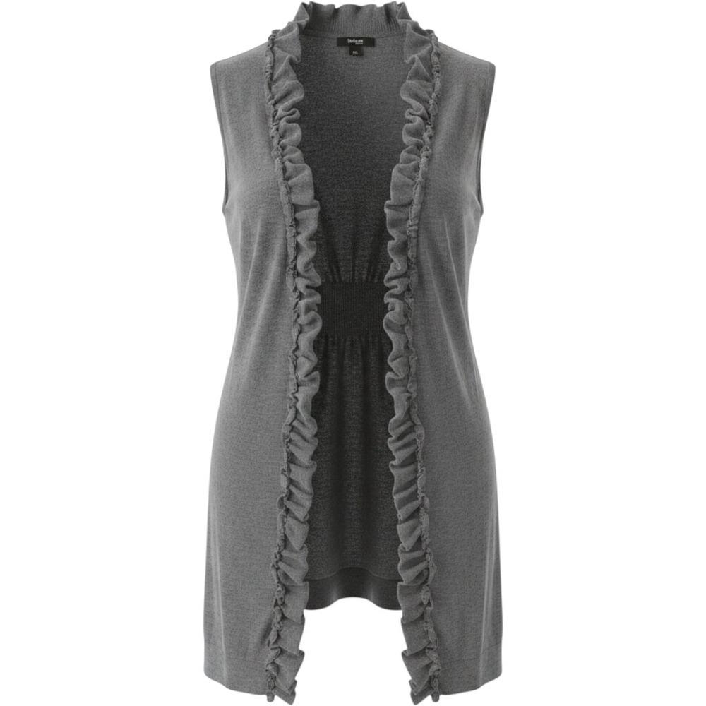 Style & Co Woman Gray Ruffle Trim Sleeveless Open Front Cardigan Sweater 2X